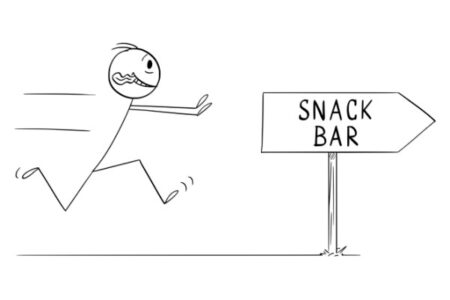 Caricatura de un hombre corriendo hacia una confitería
