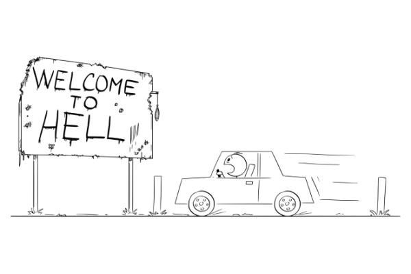 Caricature d’un automobiliste arrivé en enfer