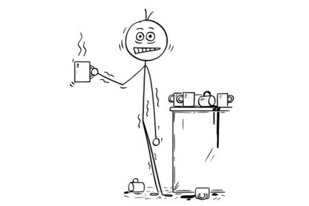 Caricatura de un hombre con cafeína con una taza de café en la mano