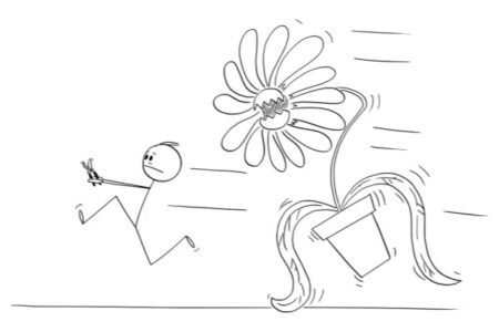 Caricatura de un hombre huyendo de una planta