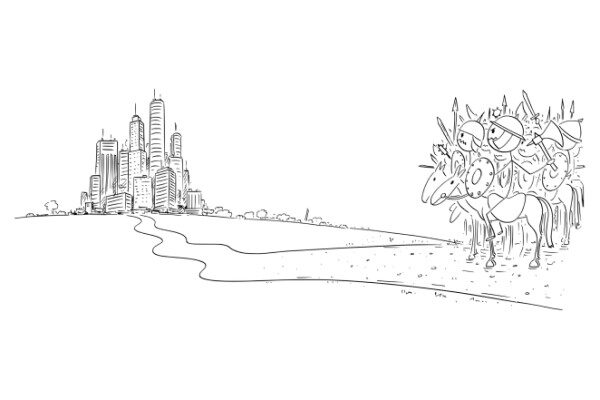 Caricature de chevaliers attaquant une ville moderne à dos de cheval