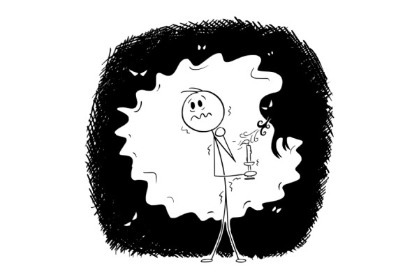 Caricature d'un homme s'éclairant à la lueur d'une bougie la nuit