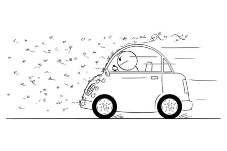 Caricatura de un hombre persiguiendo mosquitos en un coche