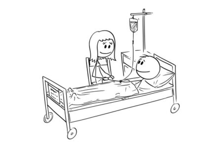 Caricatura de un enfermo tumbado en su cama de hospital
