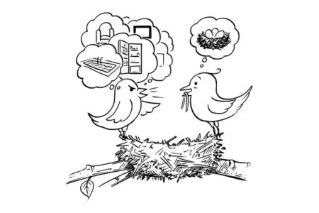 Viñeta de dos pájaros discutiendo sobre la disposición de los nidos