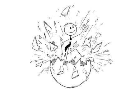 Caricatura de un hombre saliendo de un huevo.