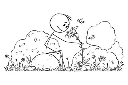 Caricatura de un hombre oliendo una planta