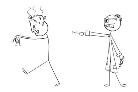 Caricatura de un científico dando órdenes a Frankenstein