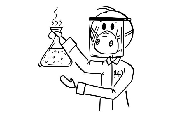 Caricature d'un scientifique tenant une fiole entre les mains