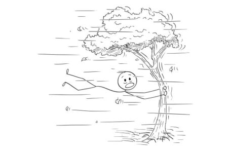 Caricatura de un hombre que se aferra a un árbol para no salir volando