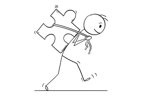 Caricature d’un homme transportant une pièce de puzzle