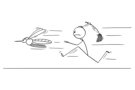 Caricatura de un hombre persiguiendo a un mosquito para matarlo
