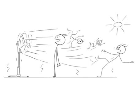 Caricatura de un hombre luchando contra el viento
